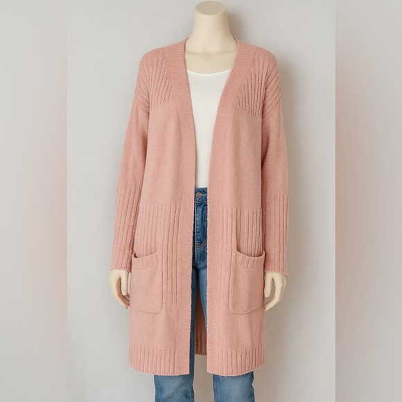 Long Cardigan Duster Sweater Knit‎ Pockets Open Front Pink Cozy Size M - Picture 1 of 8